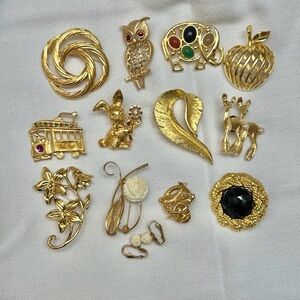 Gold-Tone Mixed Vintage Pin Brooch Set - 12